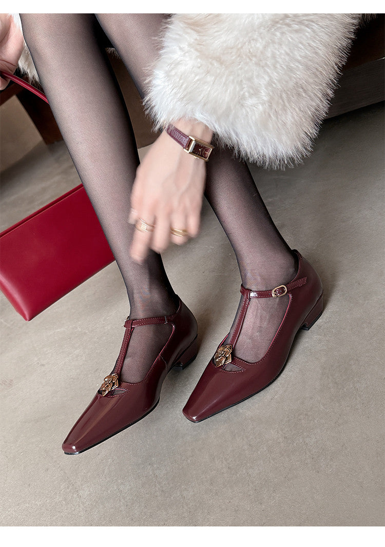 Karin Luna In Stock Spot Goods    Retro Classic Metal Camellia Irregular Heel Single Shoes