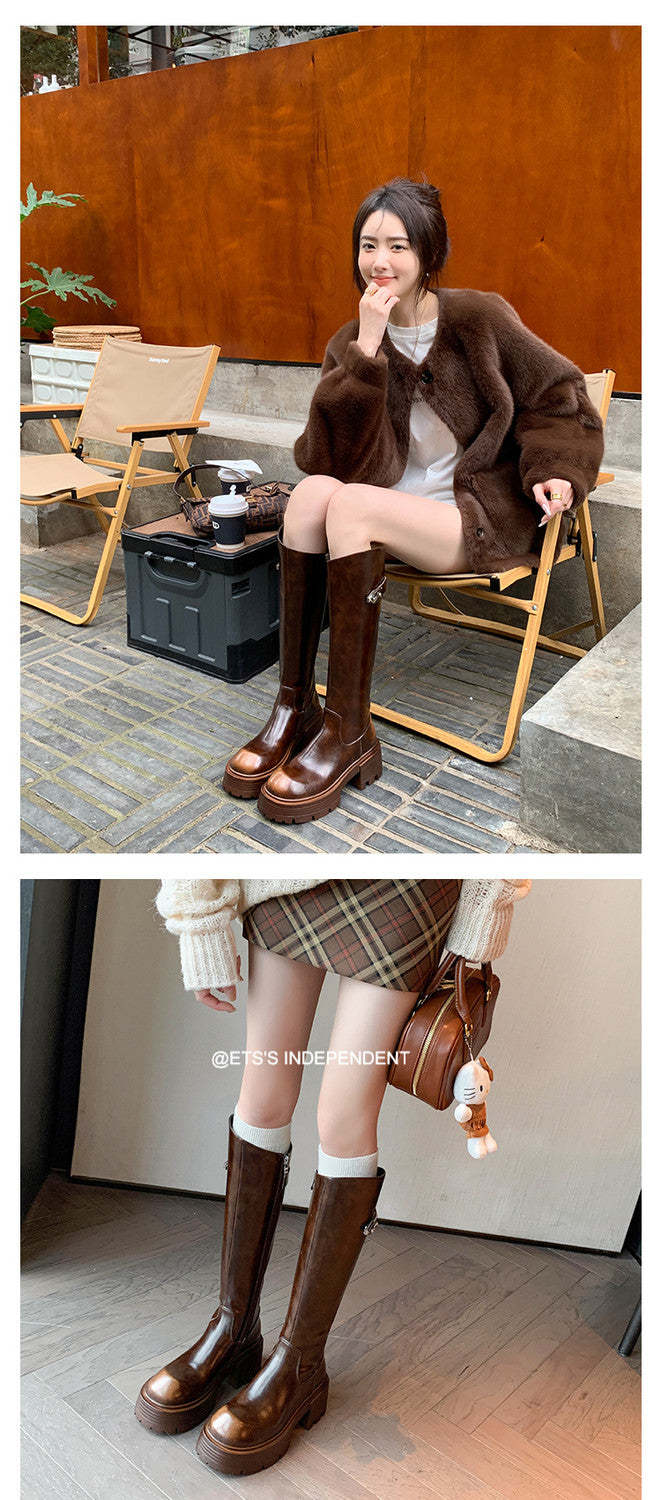 Karin Luna In Stock In Stock  Round Toe Thick Sole Belt Buckle Side Zipper Knight Boots