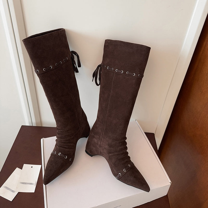 Karin Luna Elegant Style  Pointed Toe Pleated Hidden Wedge Western Boots