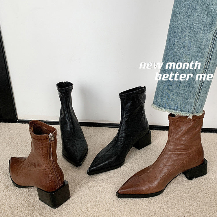 Karin Luna Elegant Style Pointed Toe Chunky Heel Short Boots