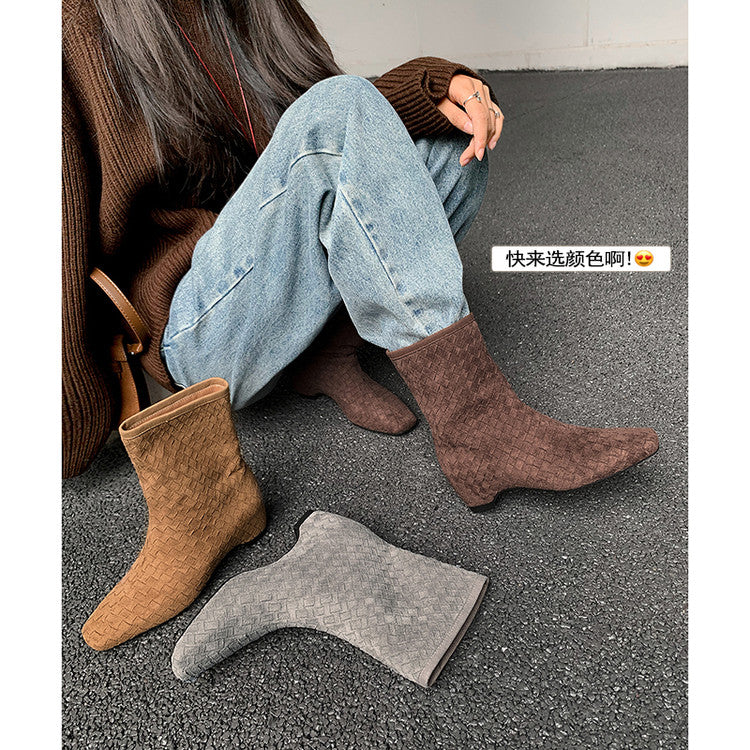 Karin Luna Handmade Woven Fabric Small Square Toe Hidden Heel Short Boots