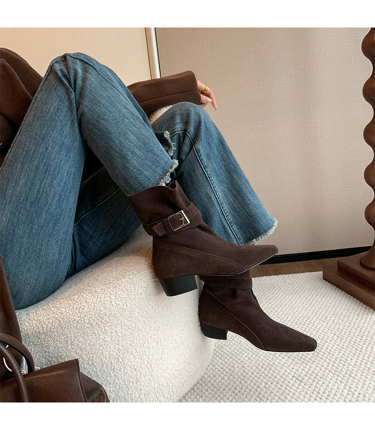 Karin Luna In Stock In Stock Hot-Selling Basic Old Money Style Retro Belt Buckle Short Boots
