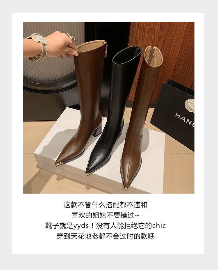 Karin Luna In Stock  In Stock Elegant Metal Pointed Toe Chunky Heel Full Cowhide Leather Riding Boots