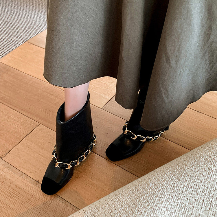 Karin Luna Classic Style Xiangjia Style Chunky Heel Chain Ankle Boots