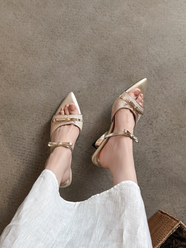 Karin Luna Fish Skin Series~Pointed Toe Irregular Heel Bowknot Strap Slippers