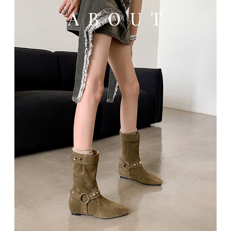 Karin Luna has prepared stock  Hot-Selling Retro Pointed Toe Wedge Metal Buckle High Tube Western Boots