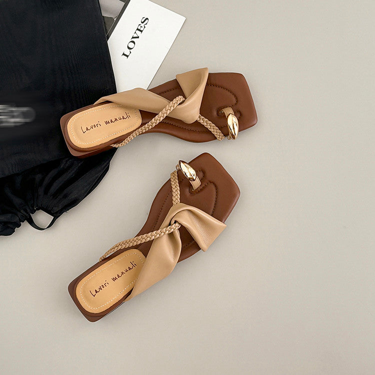 Karin Luna  Square Toe Braided Cross Thick Heel Flat Slippers