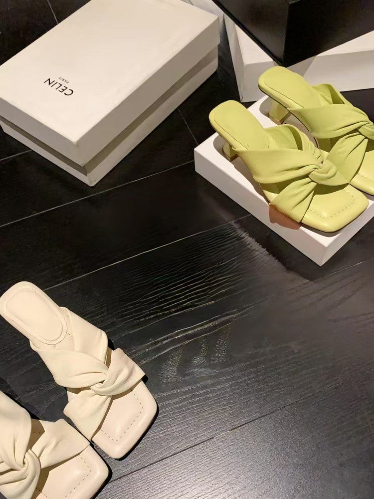 Karin Luna In Stock In Stock  Comfortable Cross Strap  Airy High Heel Square Toe Slippers
