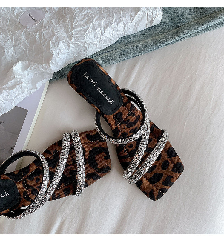 Karin Luna In Stock Spot Goods  Rhinestone One-Strap Irregular Heel Square-Toe Slippers