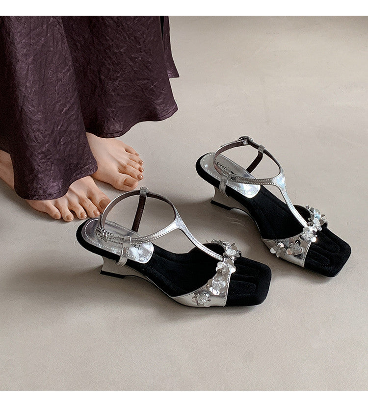Karin Luna Hot-Selling Sequin Floral Series ~  Square Toe Irregular Heel Square Toe Sandals