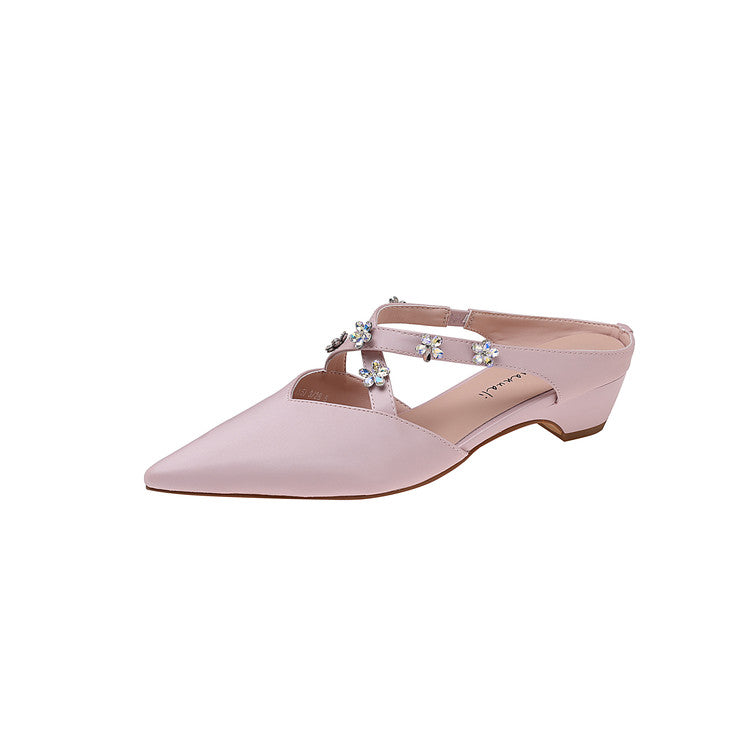 Karin Luna Elegant Pointed Toe Rhinestone Flower High Heel Mules