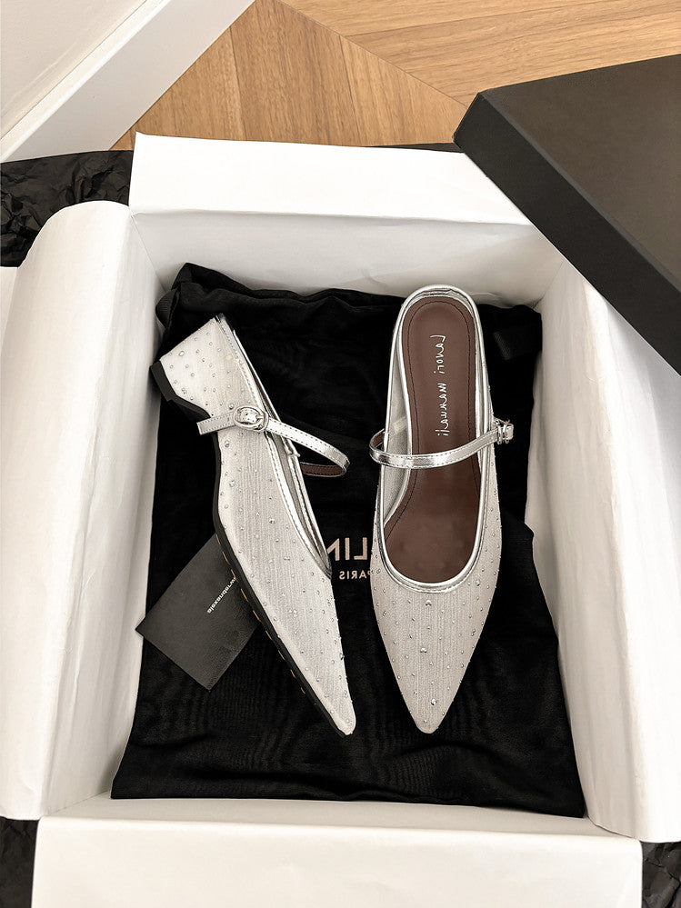 Karin Luna In Stock Spot Goods  Breathable Mesh Fabric Embellished Hand Drill Pointed Toe Slippers