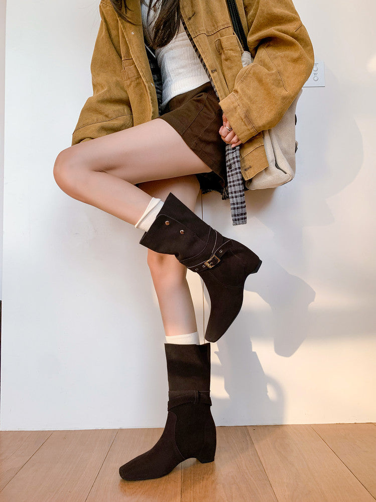 Karin Luna Foldable Belt Buckle Square Toe Hidden Wedge Short Boots