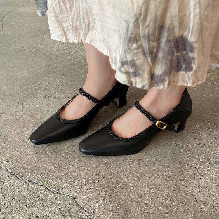 Karin Luna Braided Element Design Chunky Heel Square Toe Single Strap Shoes