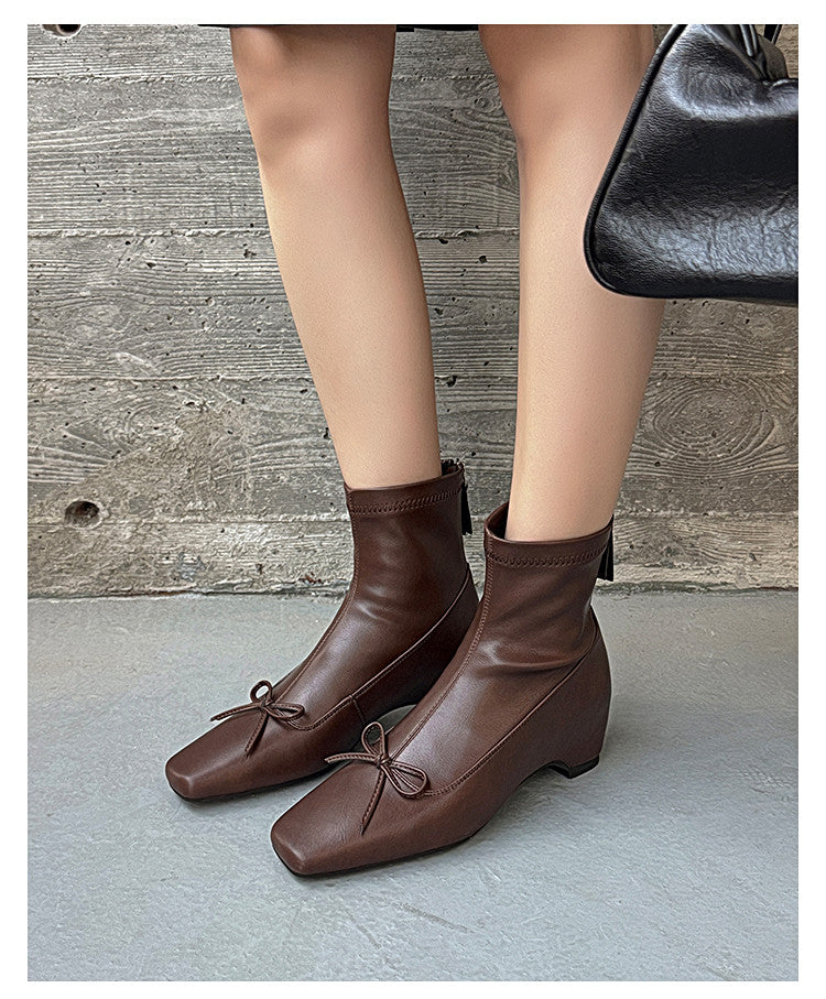 Karin Luna French Style Square Toe Bowknot Hidden Wedge Slim Boots