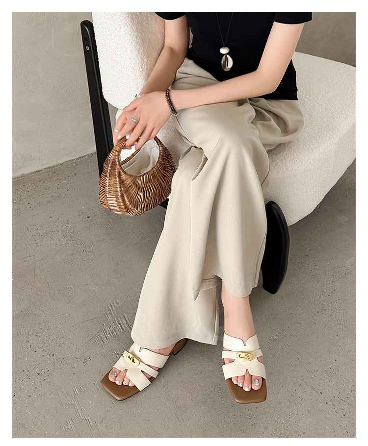 Karin Luna Comfortable Gold Buckle Square Toe Chunky Heel Casual Style Slippers