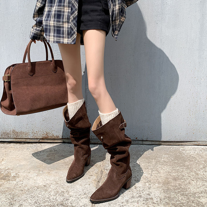 Karin Luna In Stock Spot Goods Retro Cowhide Leather Chunky Heel Suede Long Boots