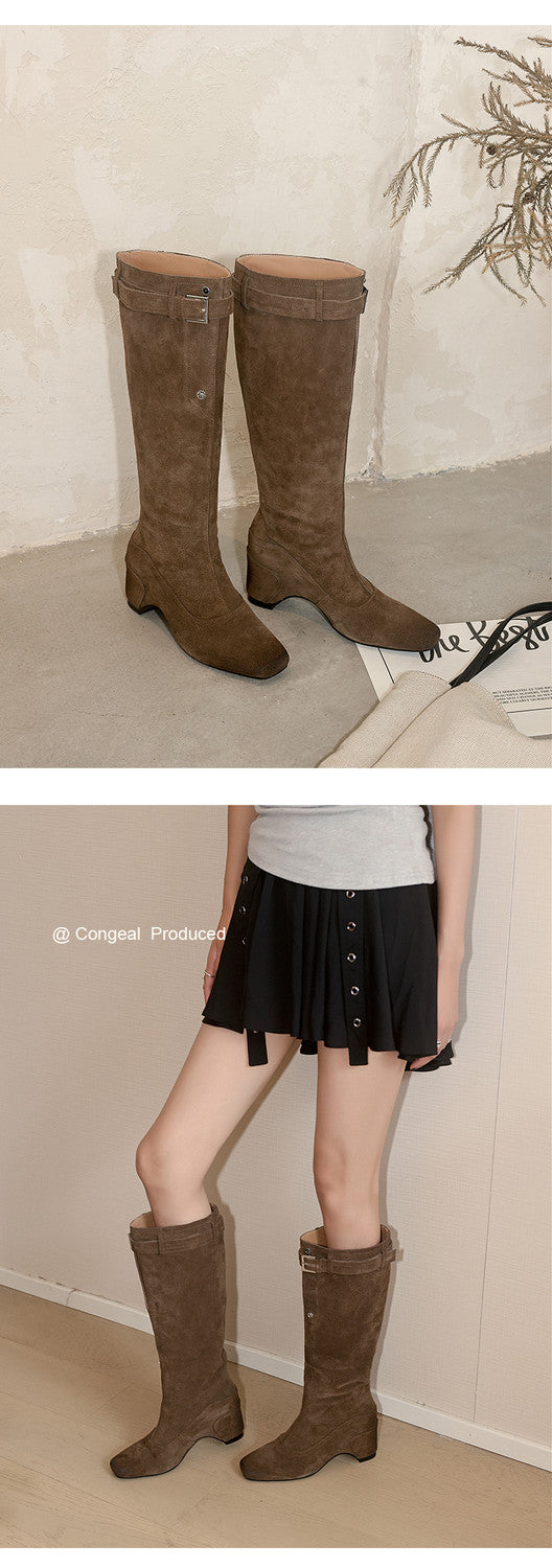 Karin Luna Belt Buckle Elegant Chunky Heel Suede Western Boots
