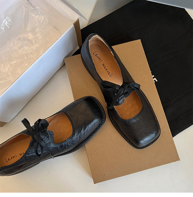 Karin Luna In Stock Spot Goods   Full leather inside and out Vegetable Tanned Hand-Grabbed Sheepskin Square-Toed Chunky Heel Single Shoes