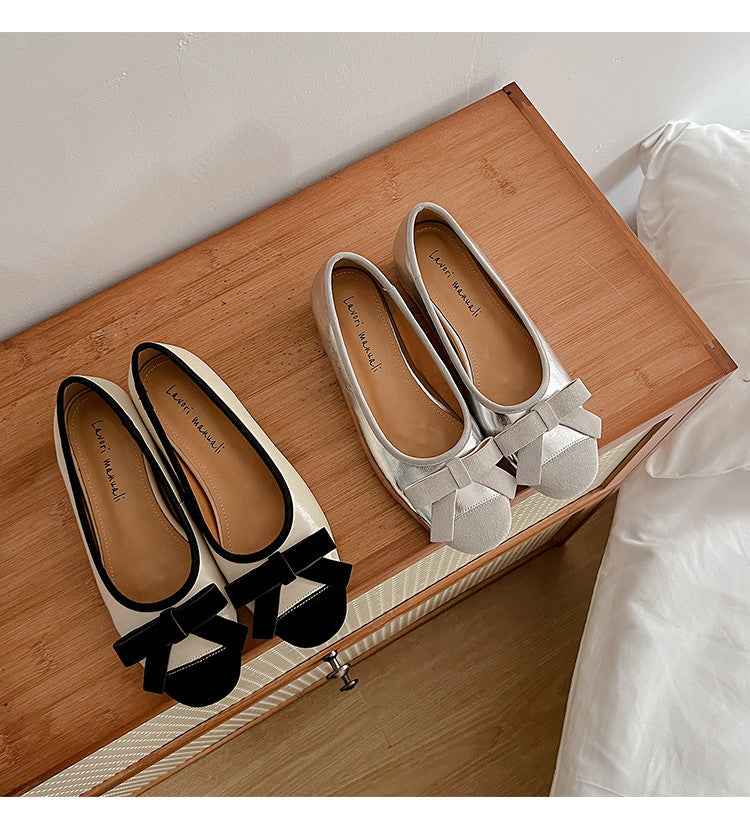 Karin Luna In Stock Spot Goods    Color Block Sweet Bowknot Hidden Wedge Shallow Mouth Flats
