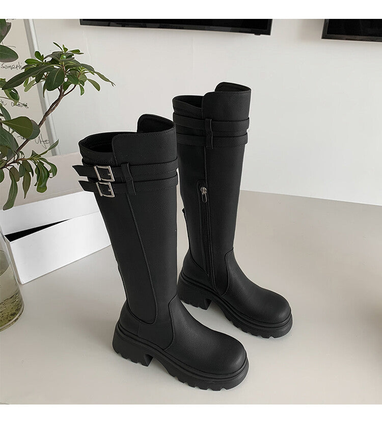 Karin Luna In Stock Best-selling in stock   Super Soft Sheepskin  Round Toe Thick Sole Vintage Belt Buckle Long Boots