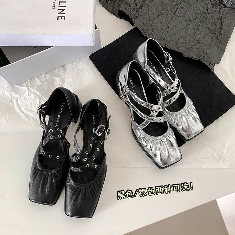 Karin Luna In Stock Spot Goods First Layer Sheepskin Cross Strap Rivet Square Toe Mary Jane Sandals
