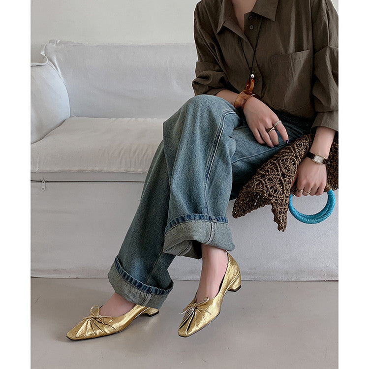 Karin Luna French Style Wrinkled Square Toe Height-Increasing Flats