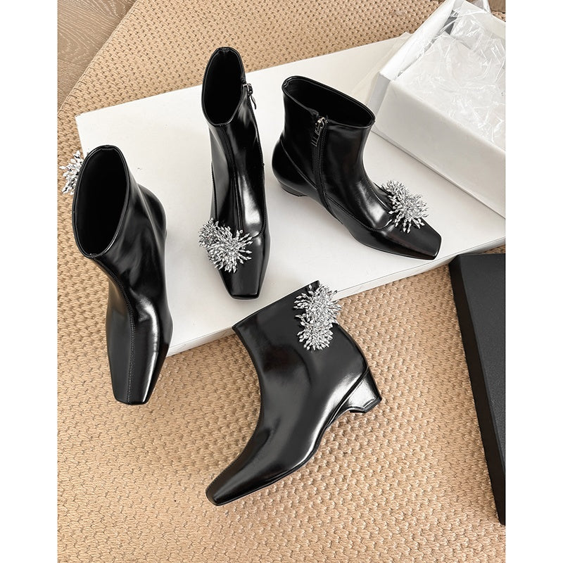 Karin Luna Elegant Style Square Toe Flower Design Height Increasing Short Boots with Two Front and Back Options