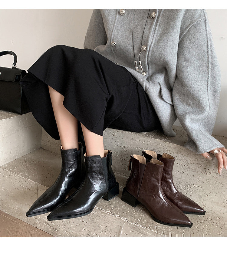 Karin Luna In Stock Spot Goods Elegant Stretch Fabric Patchwork Pointed Toe Chunky Heel Short Boots