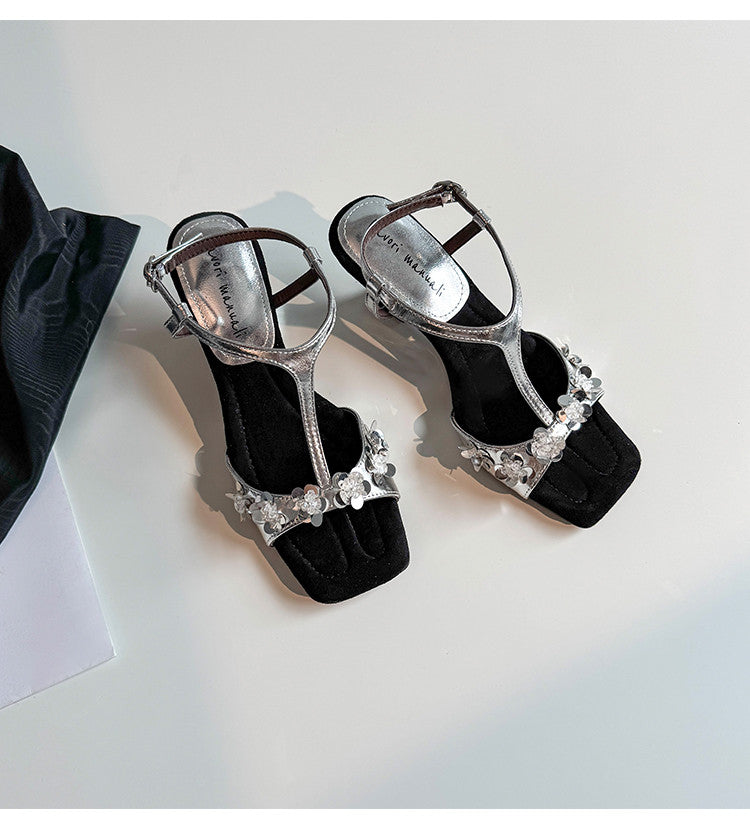 Karin Luna Hot-Selling Sequin Floral Series ~  Square Toe Irregular Heel Square Toe Sandals
