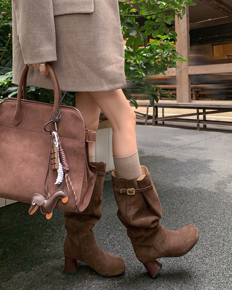 Karin Luna In Stock In Stock Mango Head Large Tube Belt Buckle Chunky Heel Long Boots