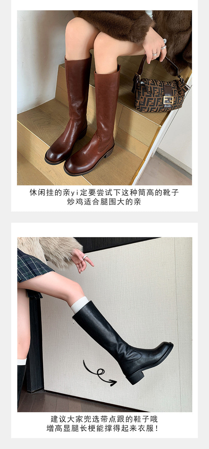 Karin Luna Basic Versatile Style Round Toe Chunky Heel Long Boots