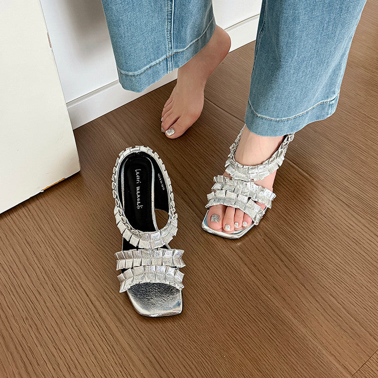Karin Luna In Stock  Spot Goods  Unique Square-Toe Pleated Lace Sandals