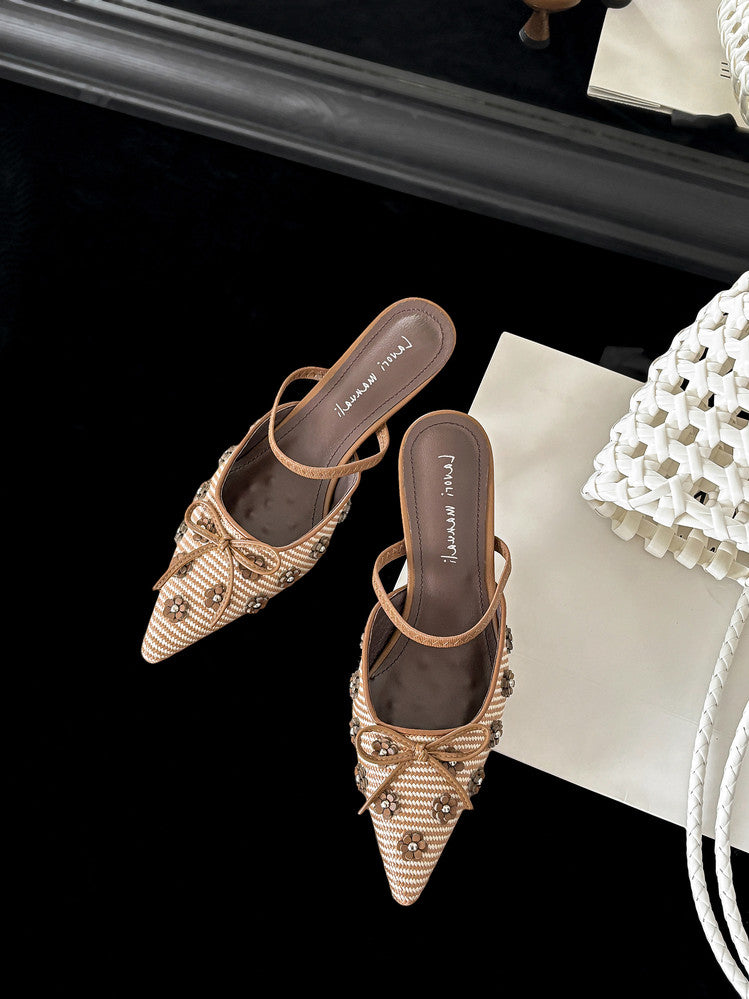 Karin Luna In Stock Spot Goods  Elegant Floral Pointed Toe Rhinestone Slippers