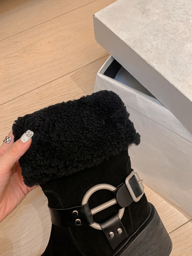Karin Luna Genuine Lamb Wool and Cowhide Leather Hot-selling Metal Buckle Round Toe Chunky Heel Main Push Main Push