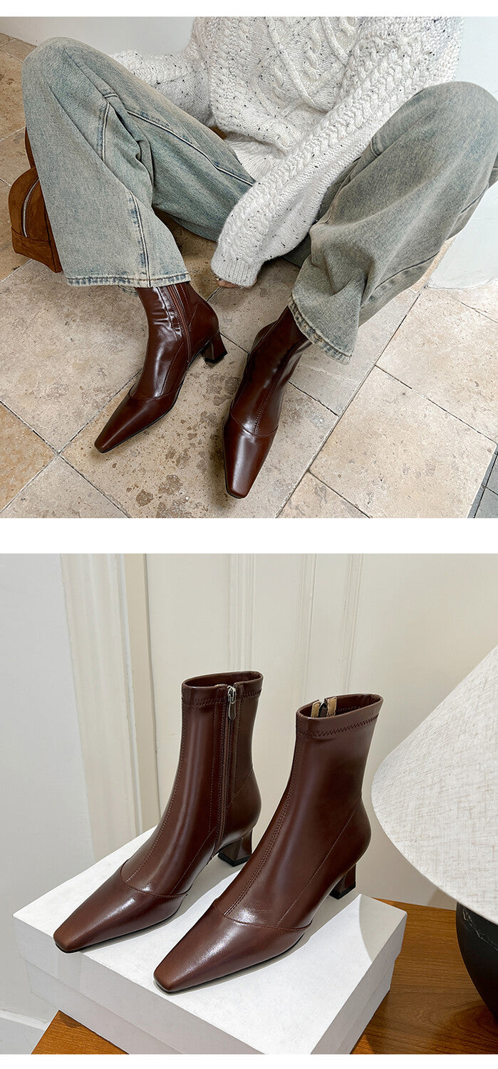 Karin Luna Elegant Small Square Toe Chunky Heel Slim Boots