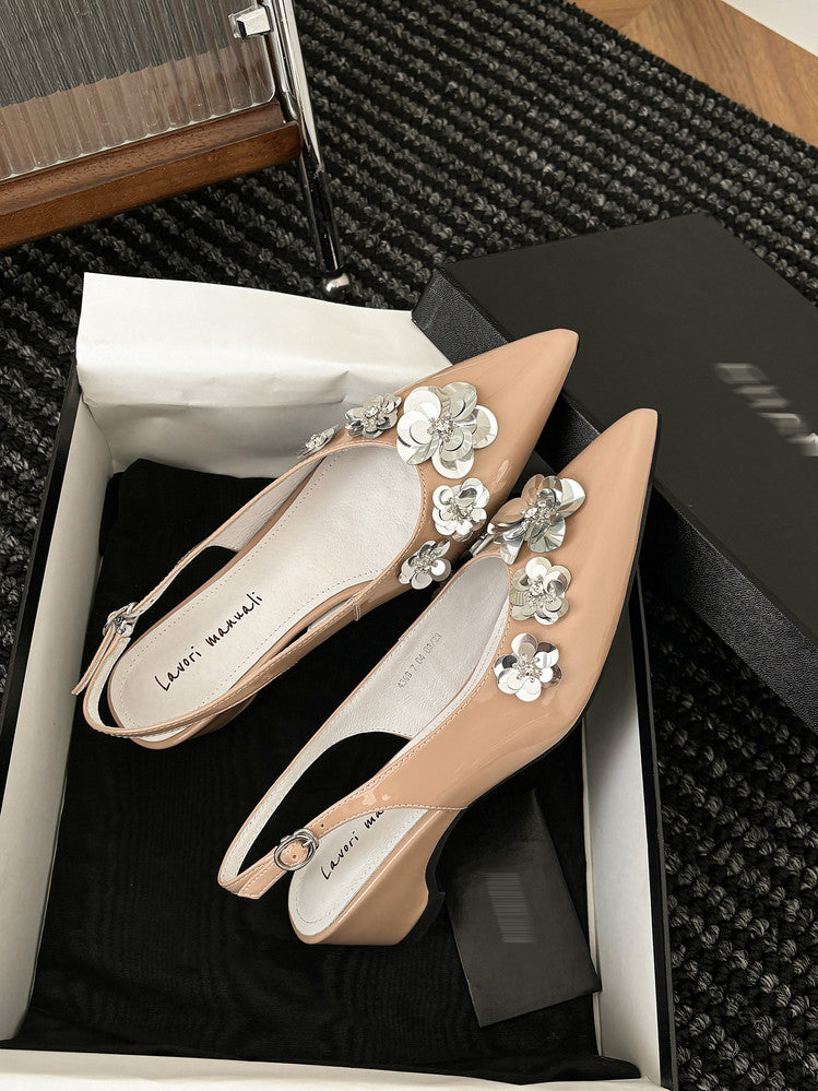 Karin Luna In Stock In Stock  Sequin Floral Pointed Toe Chunky Heel Closed-Toe Sandals