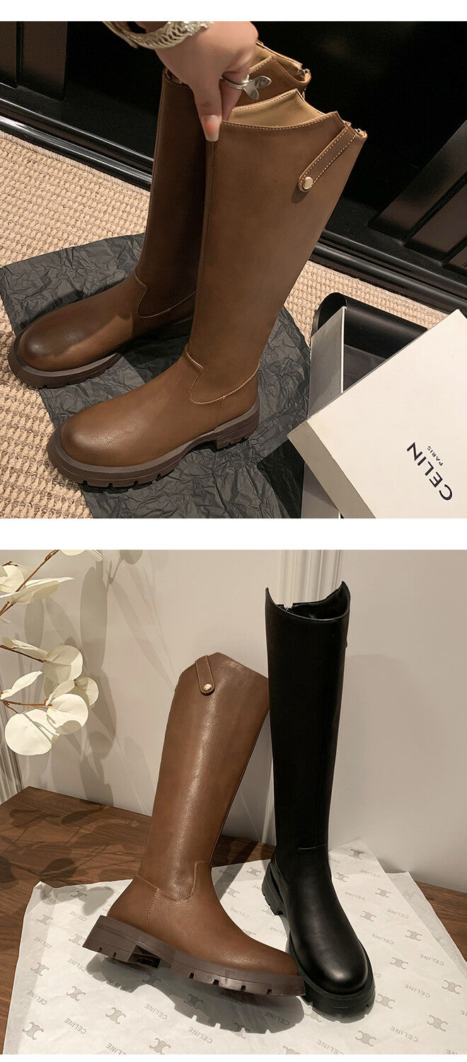 Karin Luna Hot-Selling In Stock   Basic Casual Hot-Selling Round-Toe Long Boots Full Cowhide Leather Long Boots Flat Bottom Hot Sale