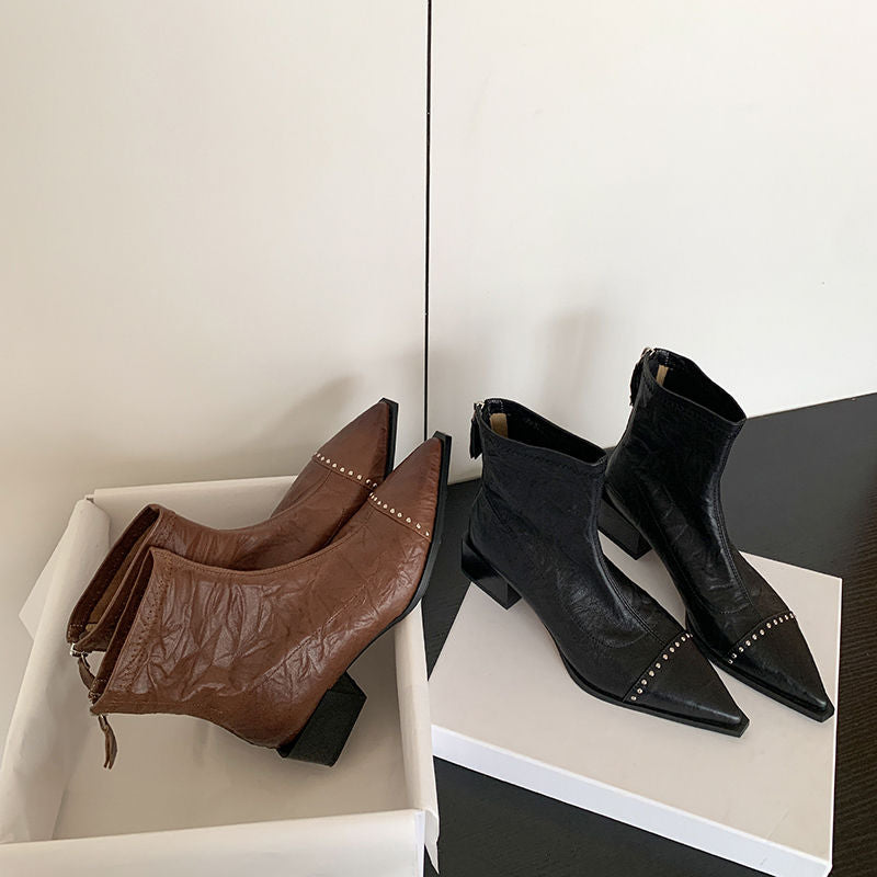 Karin Luna In Stock In Stock Slim Boots Series~Pointed Toe Rivet Slim Short Boots