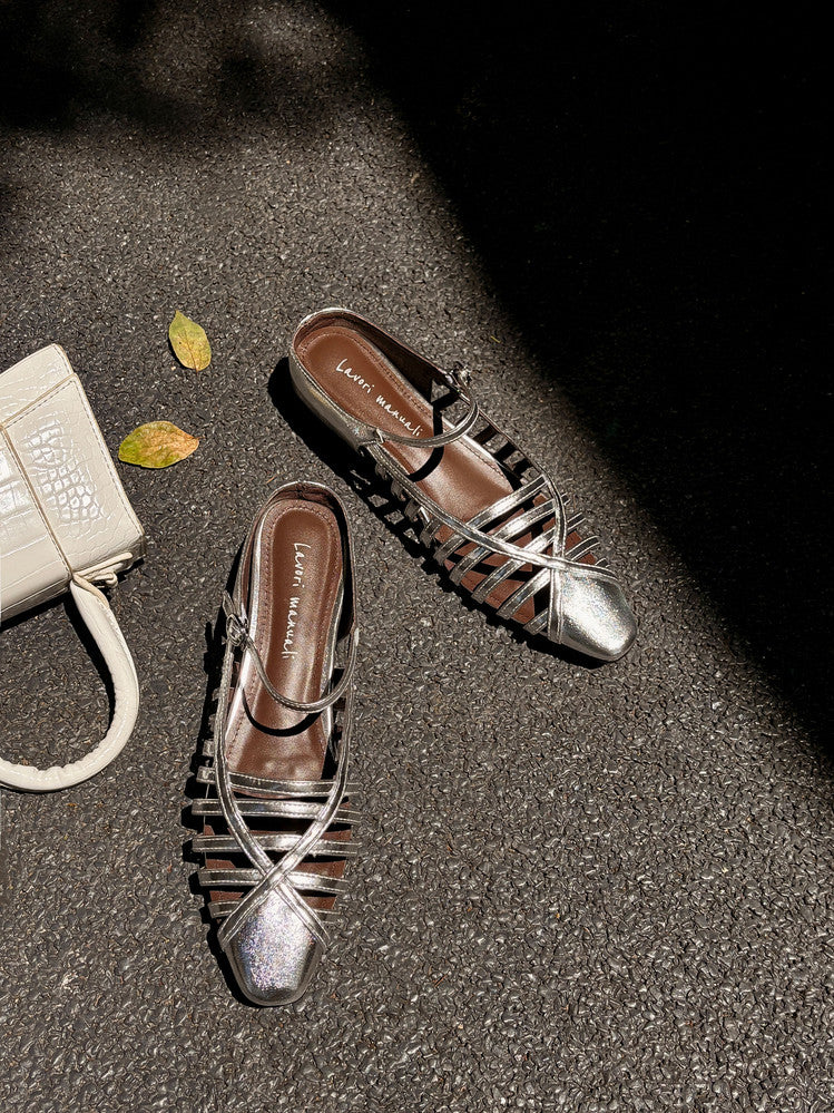 Karin Luna In Stock Spot Goods   French Retro Hollow Small Square Toe One-Strap Slippers