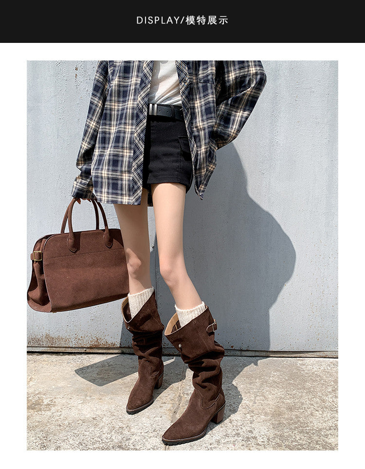 Karin Luna In Stock Spot Goods Retro Cowhide Leather Chunky Heel Suede Long Boots