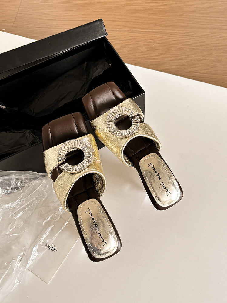 Karin Luna In Stock  Spot Goods  Large Rhinestone Square-Toed Crystal Heel Slippers