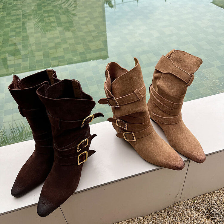 Karin Luna Cow Leather Small Square Toe Belt Buckle Fashion Boots