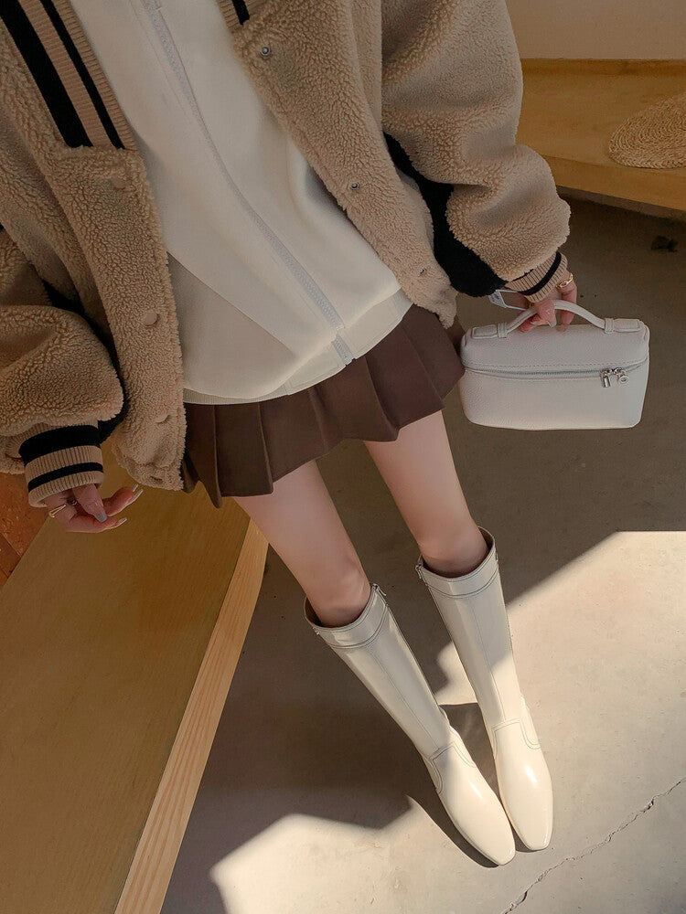 Karin Luna In Stock Spot Goods  Vintage Open Stitch Small Square Toe High Heel Side Zipper Riding Boots