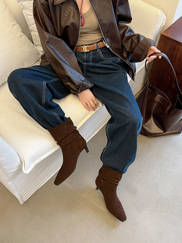 Karin Luna In Stock Spot Goods  Retro Wrinkled Small Square Toe Short Boots