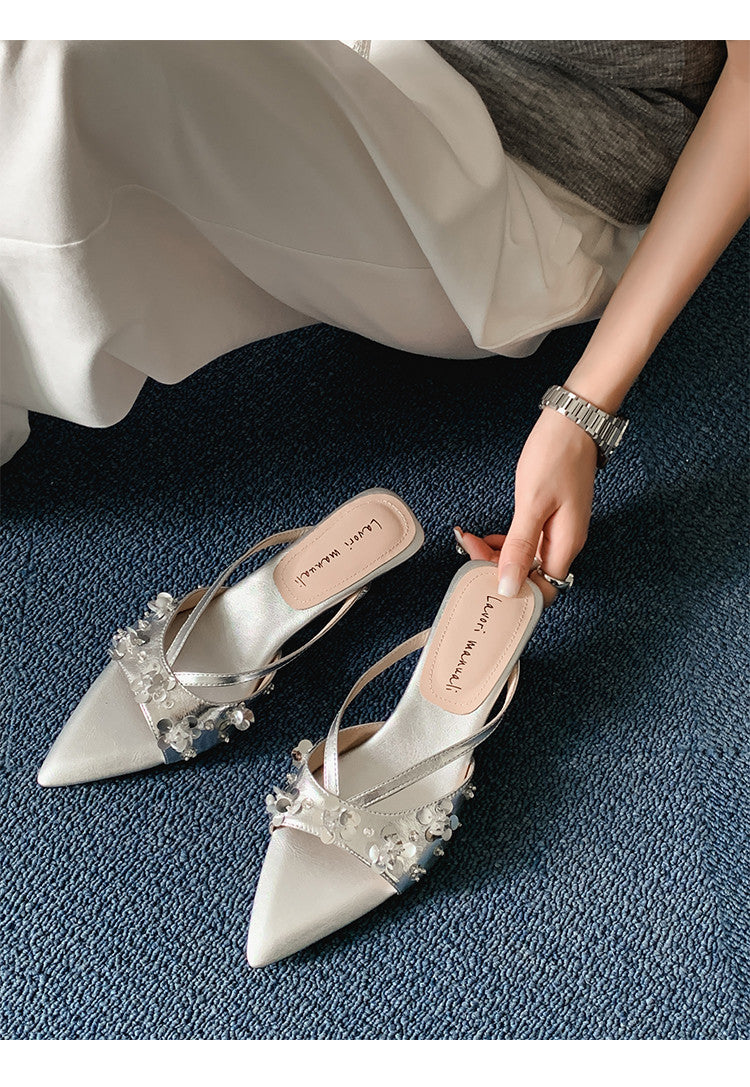 Karin Luna Bestseller Sequin Elements Elegant Pointed Toe Irregular Heel Slippers