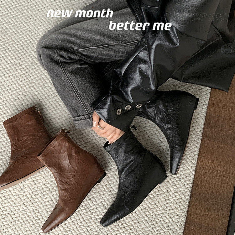 Karin Luna In Stock Spot Goods Slim Series  Hidden Wedge Small Square Toe Back Zipper Short Boots