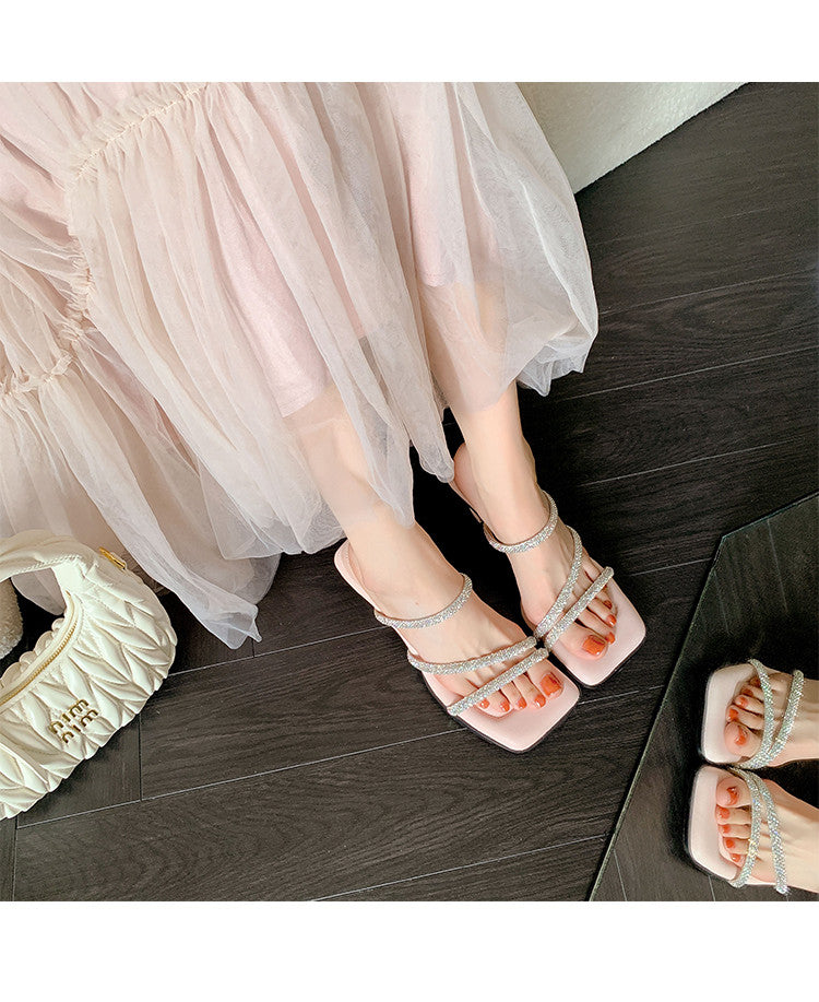 Karin Luna In Stock Spot Goods  Minimalist Versatile Square Toe Rhinestone Strap Open-Toe Sandals
