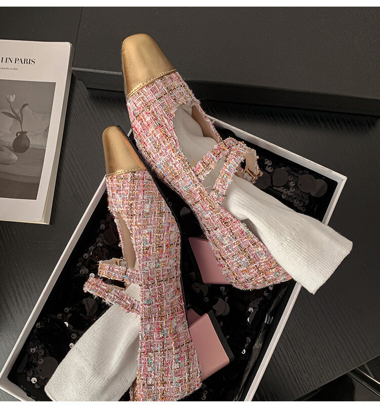 Karin Luna Classic Chanel Style~ Tweed Spring Limit Square Toe Chunky Heel Mary Jane Strap Single Shoes