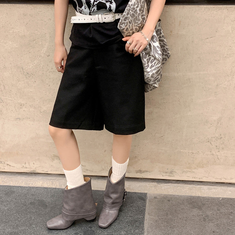 Karin Luna Data Hot Item Square Toe Hidden Wedge Belt Buckle Suede Ankle Boots